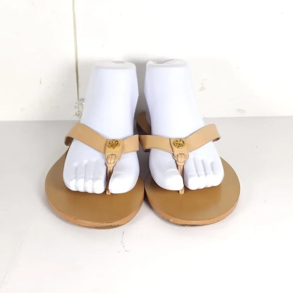 Tory Burch Women's Manon US9M Natural Leather Flat Thong Flip Flops Sandals